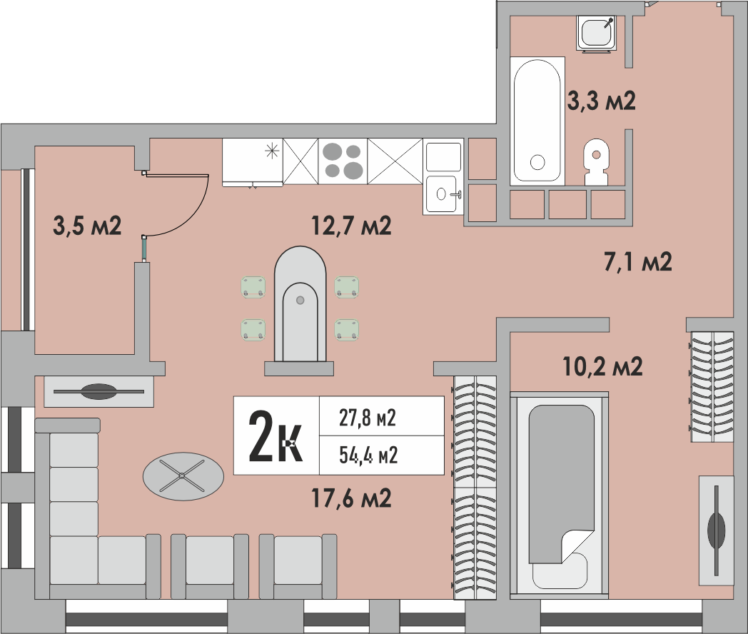 2-комнатная, 54.4 м², 3 этаж из 17, ЖК «Дом на Липовой»
