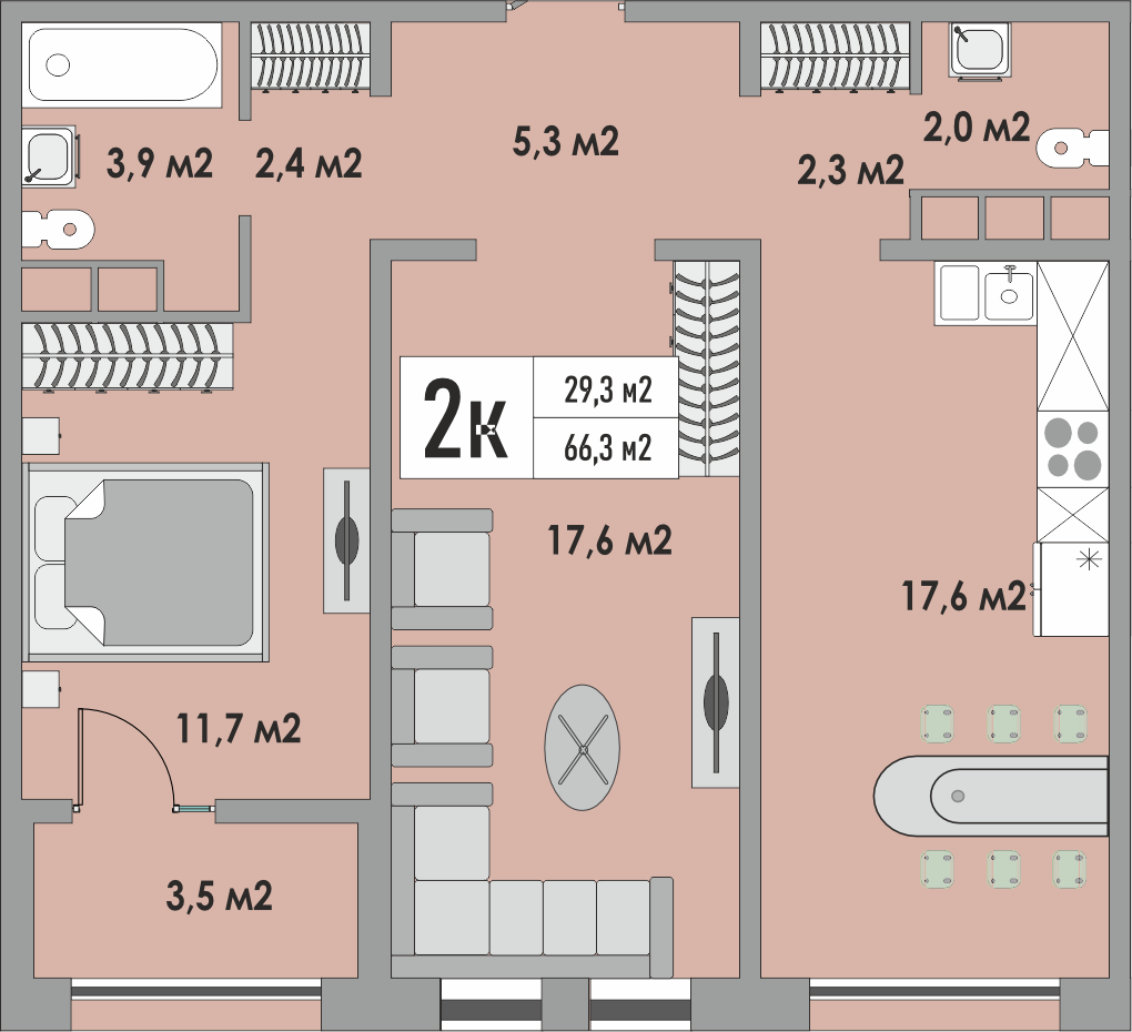 2-комнатная, 66.3 м², 17 этаж из 17, ЖК «Дом на Липовой»