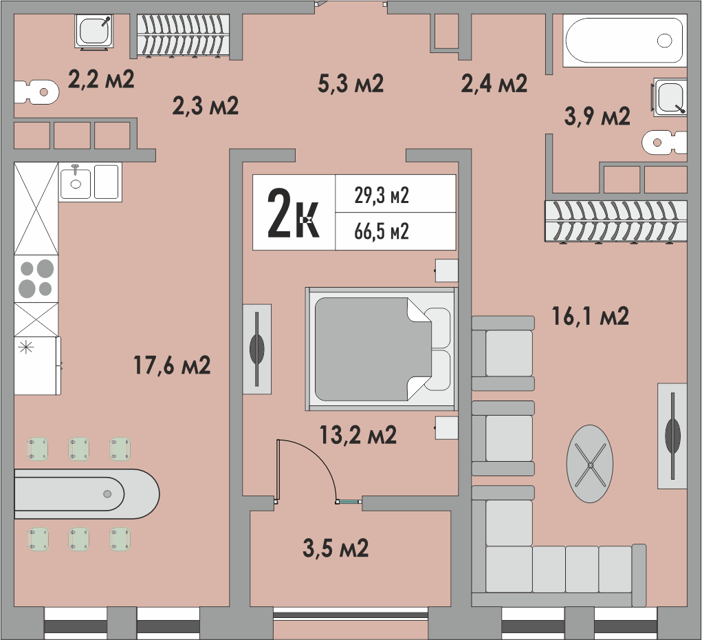 2-комнатная квартира, 66.5 кв.м, ЖК «Дом на Липовой»