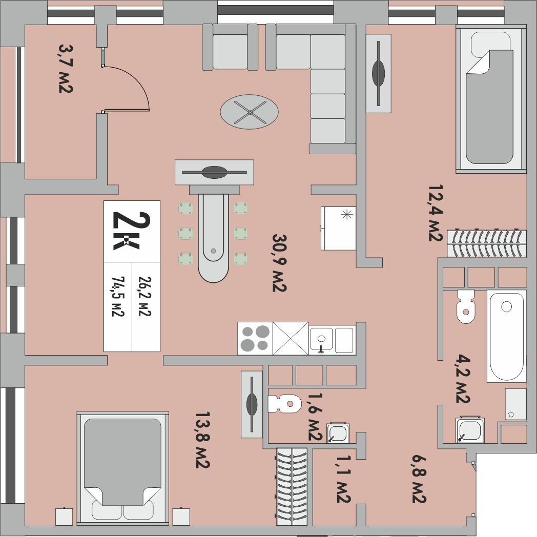 2-комнатная, 74.5 м², 17 этаж из 17, ЖК «Дом на Липовой»