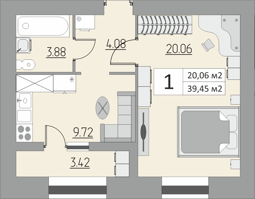 1-комнатная, 39.45 м2, ЖК «Дом № 5 в 17 мкр.»
