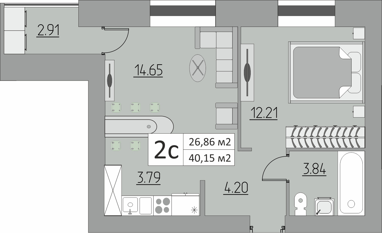 2-комнатная, 40.15 м2, ЖК «Дом № 5 в 17 мкр.»