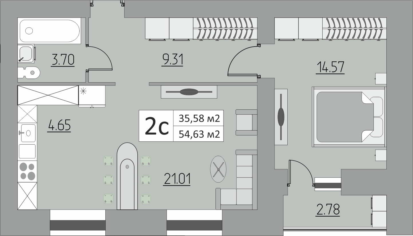 2-комнатная, 54.6 м², 1 этаж из 15, ЖК «Дом № 5 в 17 мкр.»