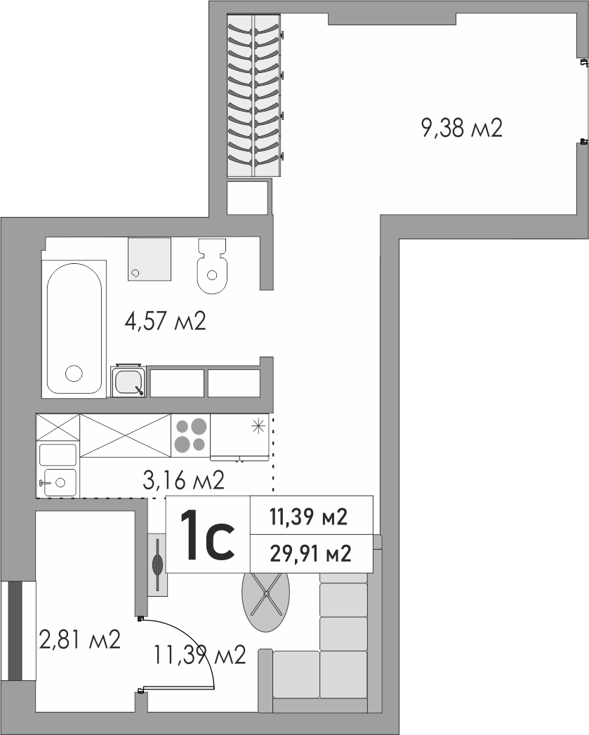 1-комнатная, 29.91 м2, ЖК «Металлист»
