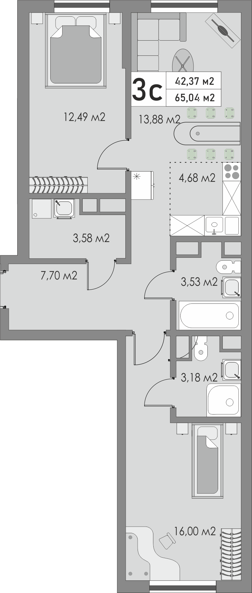 3-комнатная, 65.04 м2, ЖК «Металлист»