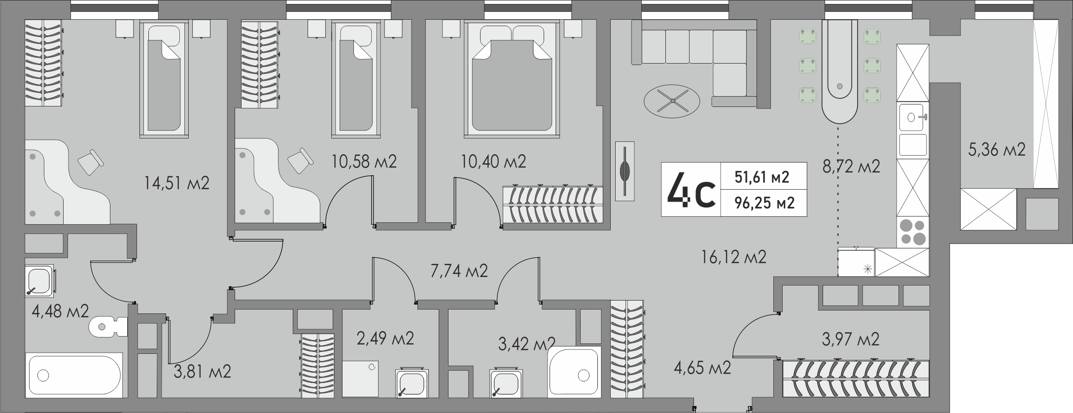 4-комнатная квартира, 96.25 кв.м, ЖК «Металлист»