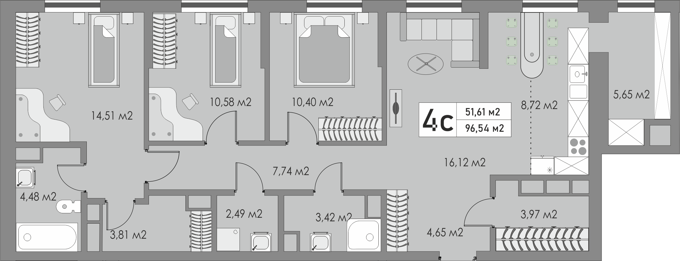 4-комнатная квартира, 96.54 кв.м, ЖК «Металлист»