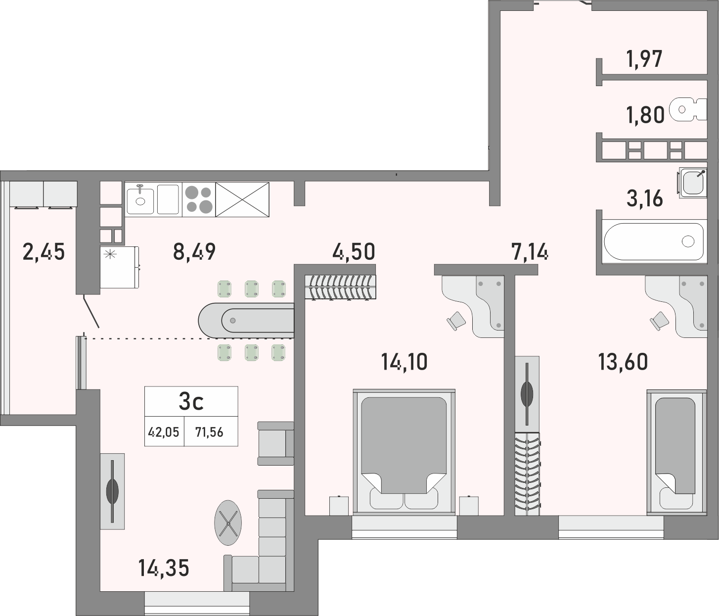 3-комнатная квартира, 71.56 кв.м, ЖК Осенний лист
