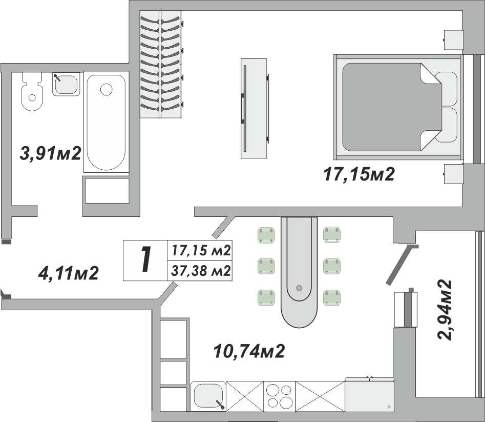 1-комнатная квартира, 37.38 кв.м, ЖК Осенний лист
