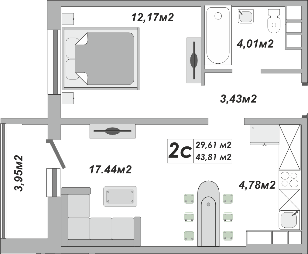 2-комнатная квартира, 43.81 кв.м, ЖК Осенний лист
