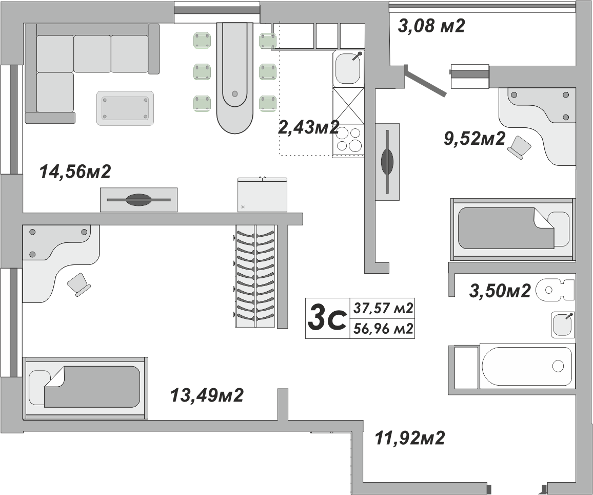 3-комнатная квартира, 56.96 кв.м, ЖК Осенний лист