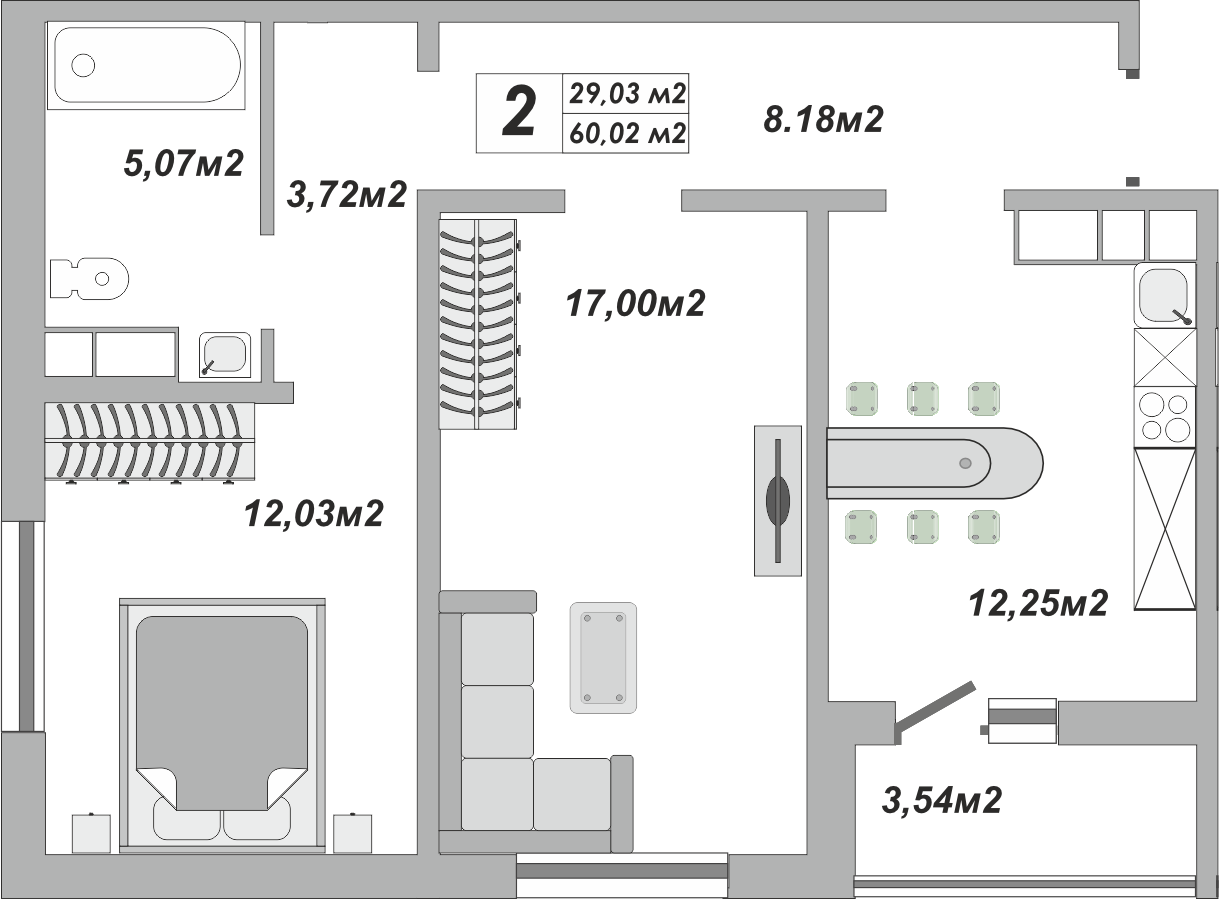2-комнатная квартира, 60.02 кв.м, ЖК Осенний лист