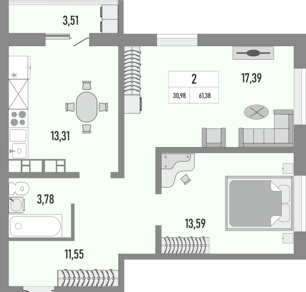 2-комнатная квартира, 61.38 кв.м, ЖК «Осенний лист»