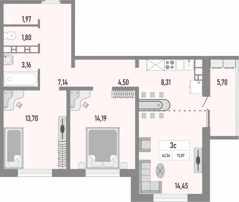 3-комнатная, 72.07 м2, ЖК «Осенний лист»