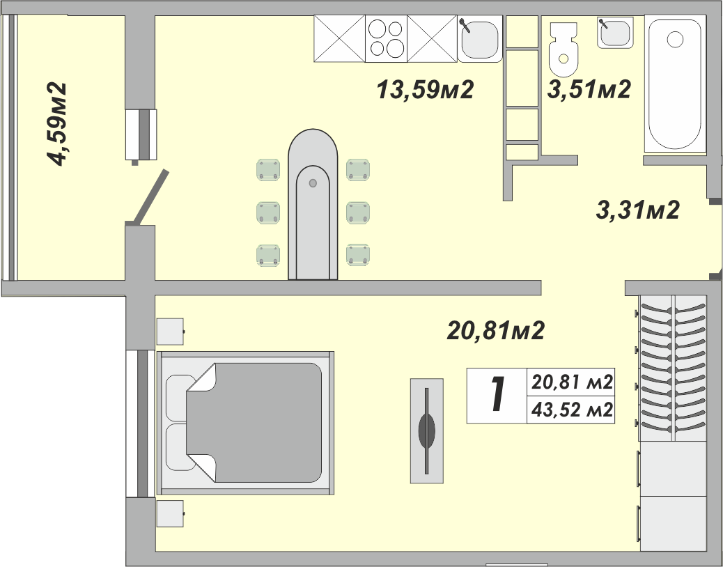 1-комнатная, 43.5 м², 3 этаж из 25, ЖК «Осенний лист»