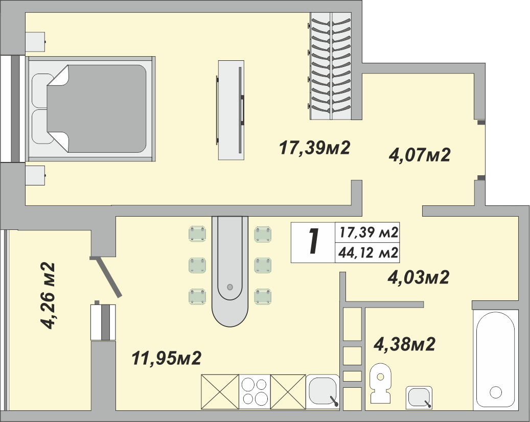 1-комнатная, 44.1 м², 2 этаж из 25, ЖК «Осенний лист»