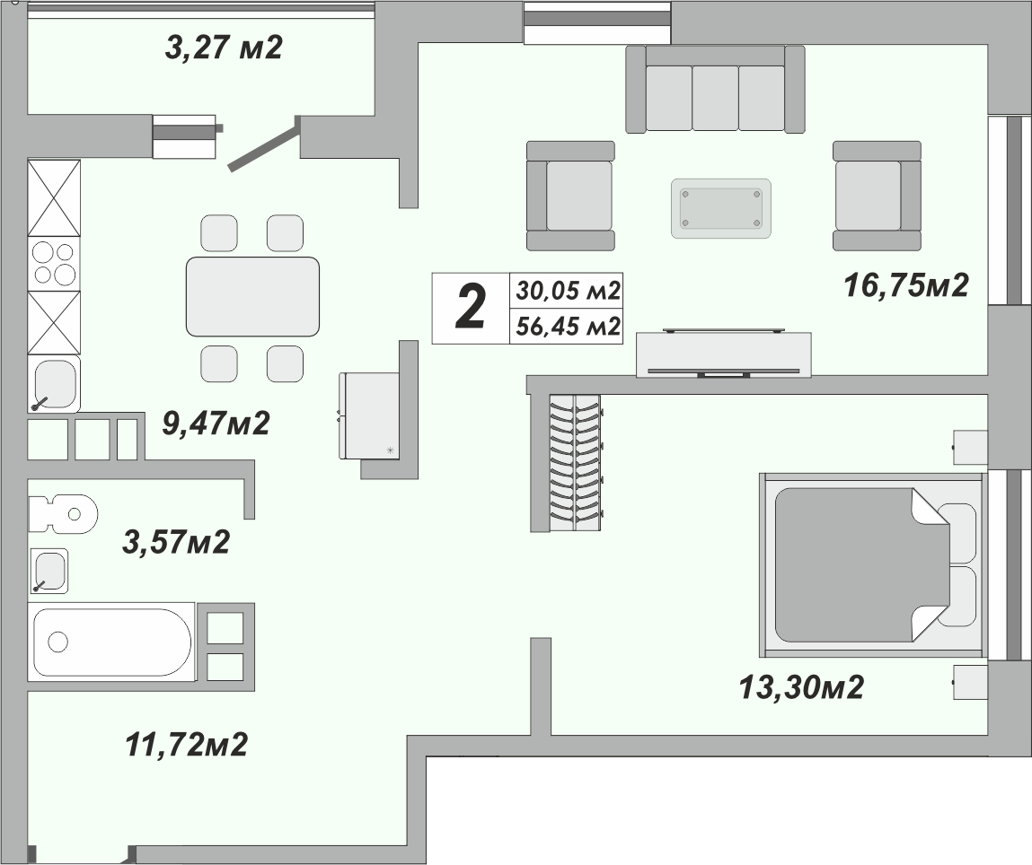 2-комнатная, 56.45 м2, ЖК «Осенний лист»