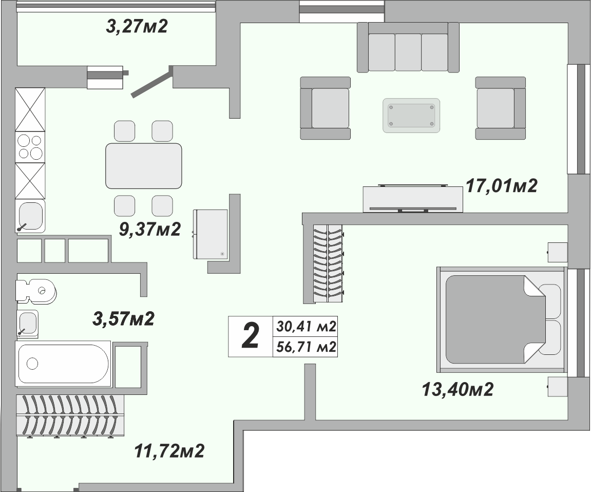 2-комнатная, 56.71 м2, ЖК «Осенний лист»