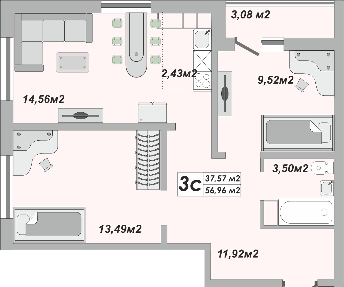 3-комнатная, 56.96 м2, ЖК «Осенний лист»