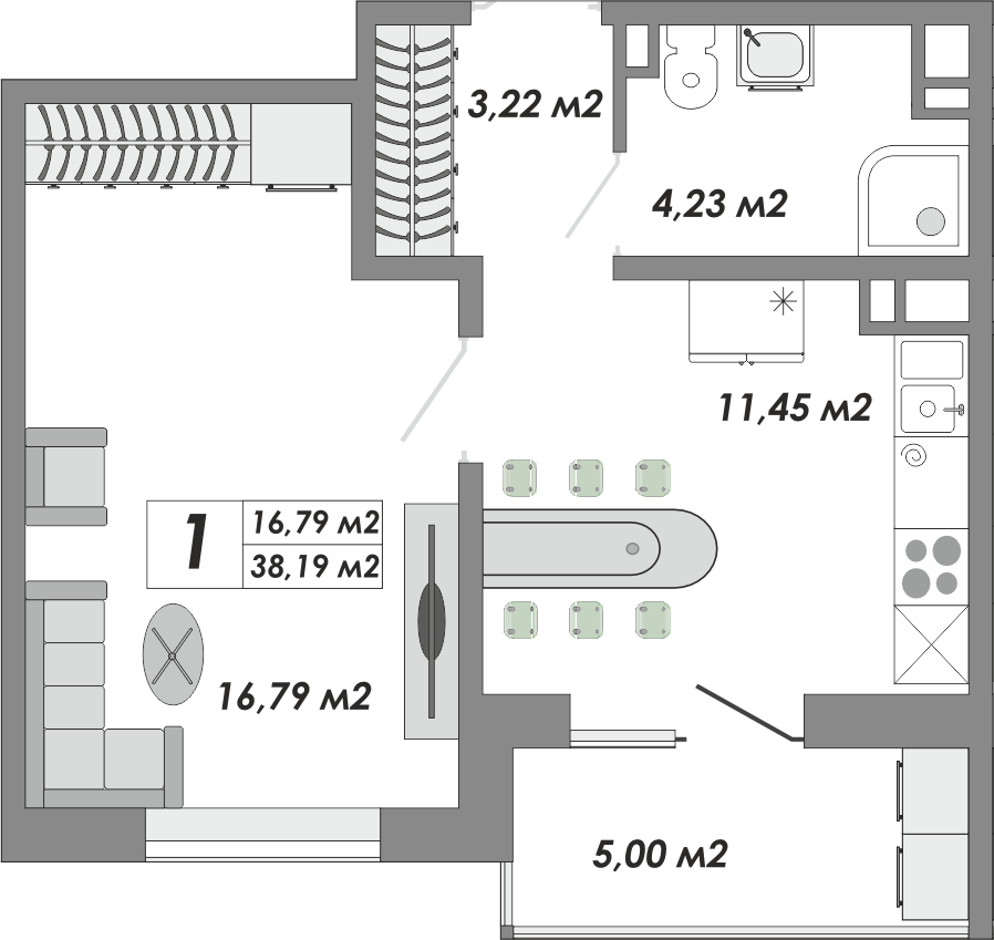 1-комнатная, 38.19 м2, ЖК «Долгие горы»