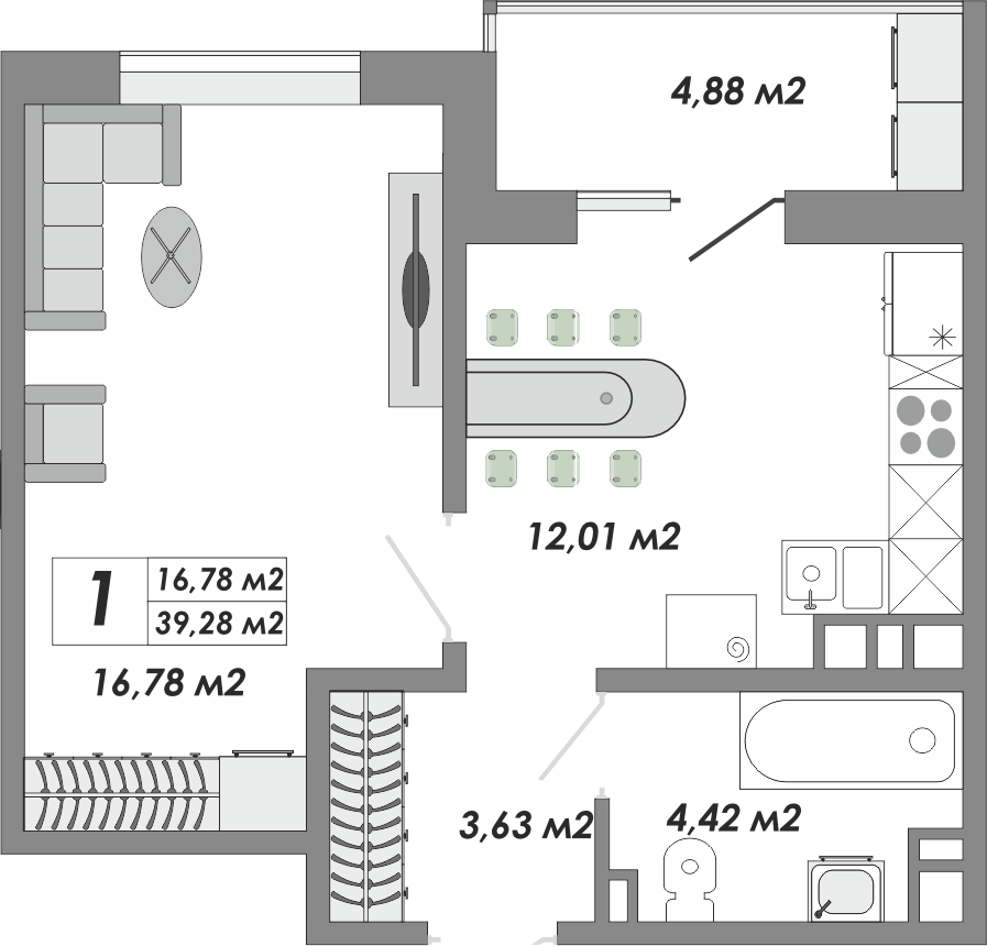 1-комнатная, 39.28 м2, ЖК «Долгие горы»