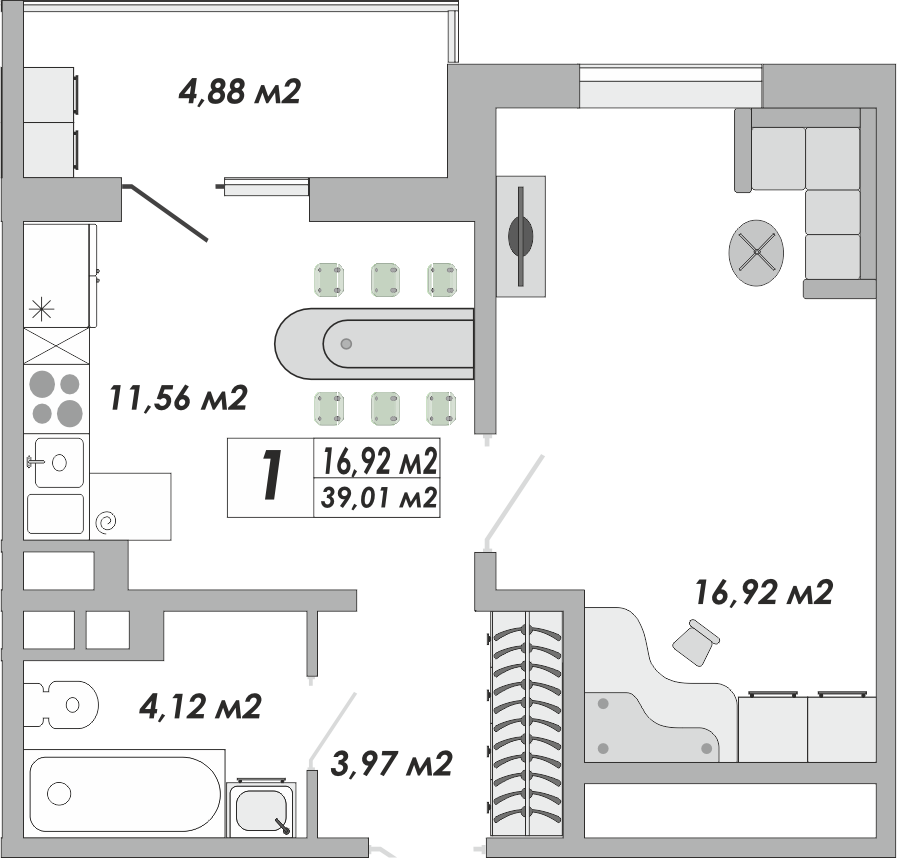 1-комнатная, 39.01 м2, ЖК «Долгие горы»