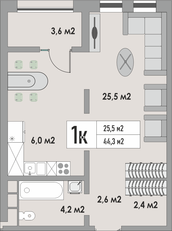 1-комнатная квартира, 44.3 кв.м, ЖК «Дом на Липовой»