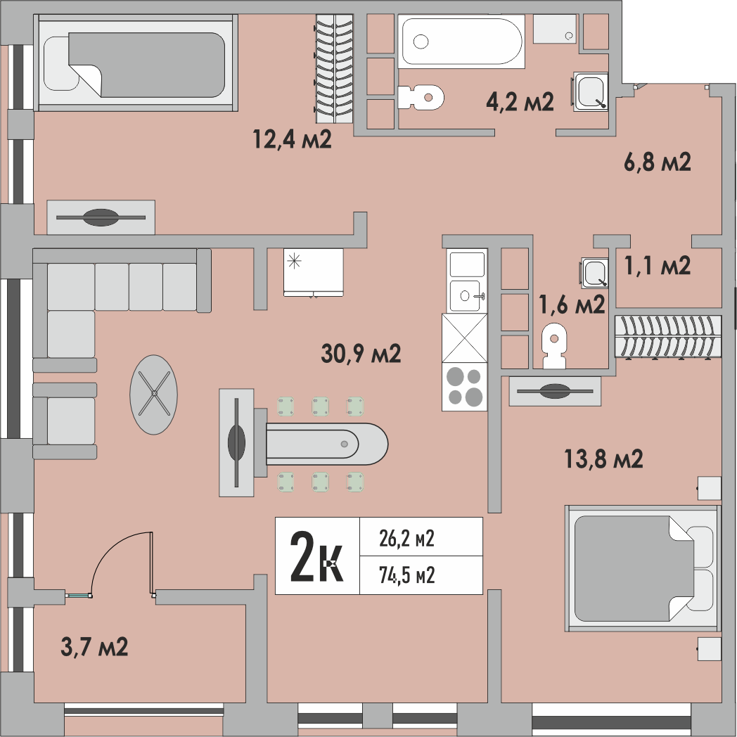 2-комнатная, 74.5 м2, ЖК «Дом на Липовой»