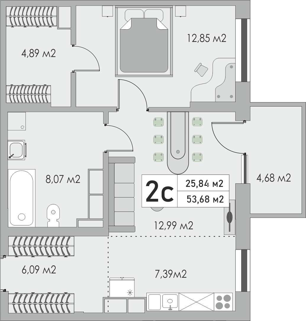 2-комнатная квартира, 53.68 кв.м, ЖК «Металлист»