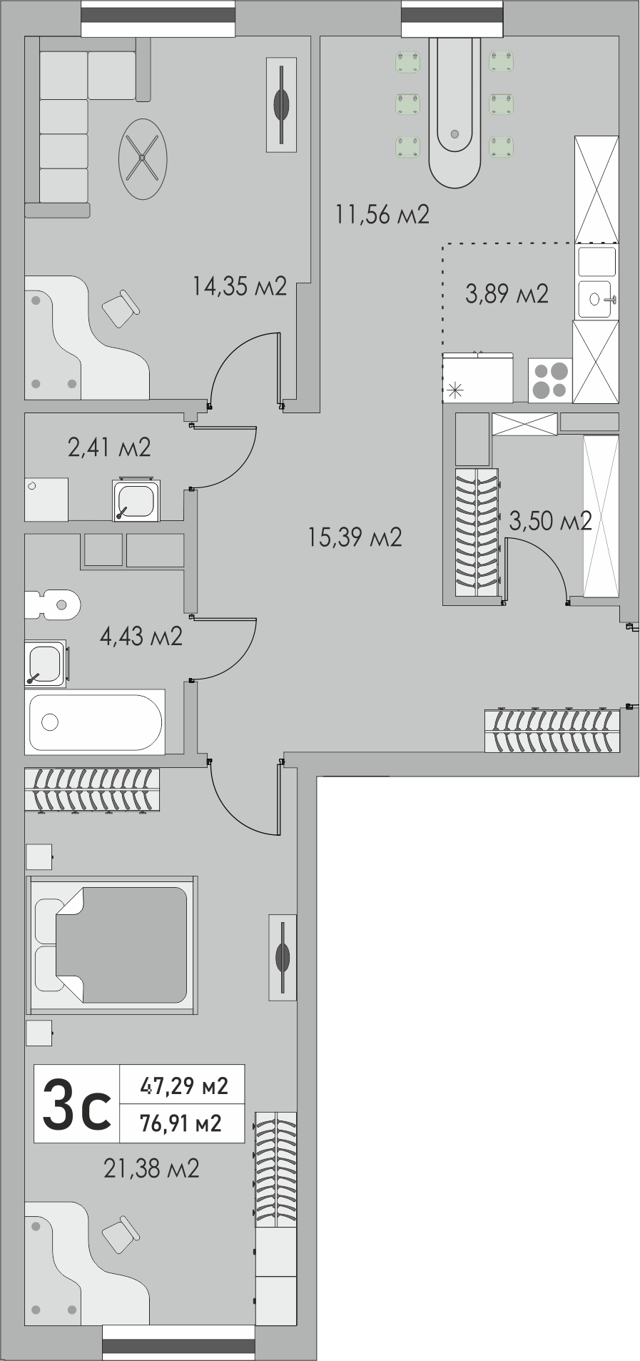 3-комнатная, 76.91 м2, ЖК «Металлист»