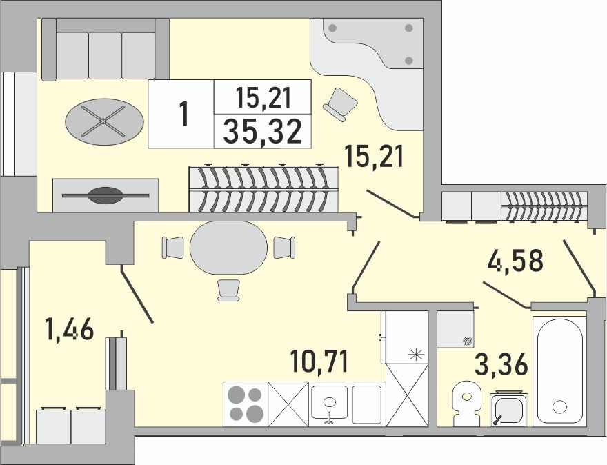1-комнатная квартира, 35.32 кв.м, ЖК Платинум