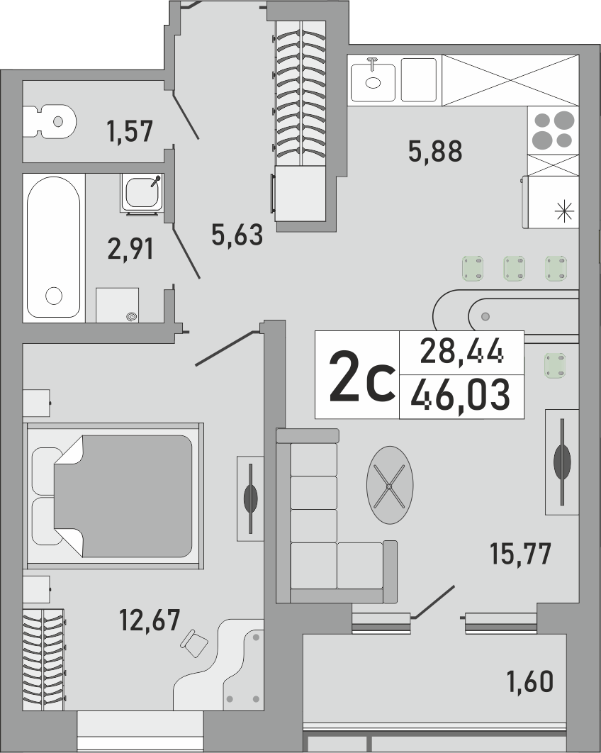 2-комнатная квартира, 46.03 кв.м, ЖК «Платинум»
