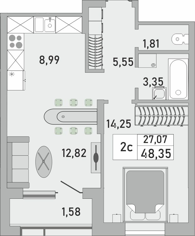 2-комнатная квартира, 48.35 кв.м, ЖК «Платинум»