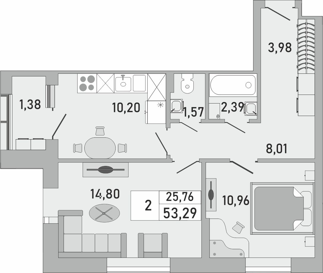 2-комнатная квартира, 53.29 кв.м, ЖК «Платинум»