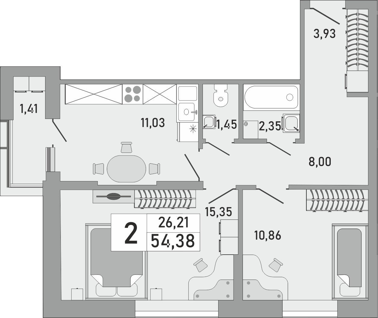 2-комнатная квартира, 54.38 кв.м, ЖК «Платинум»