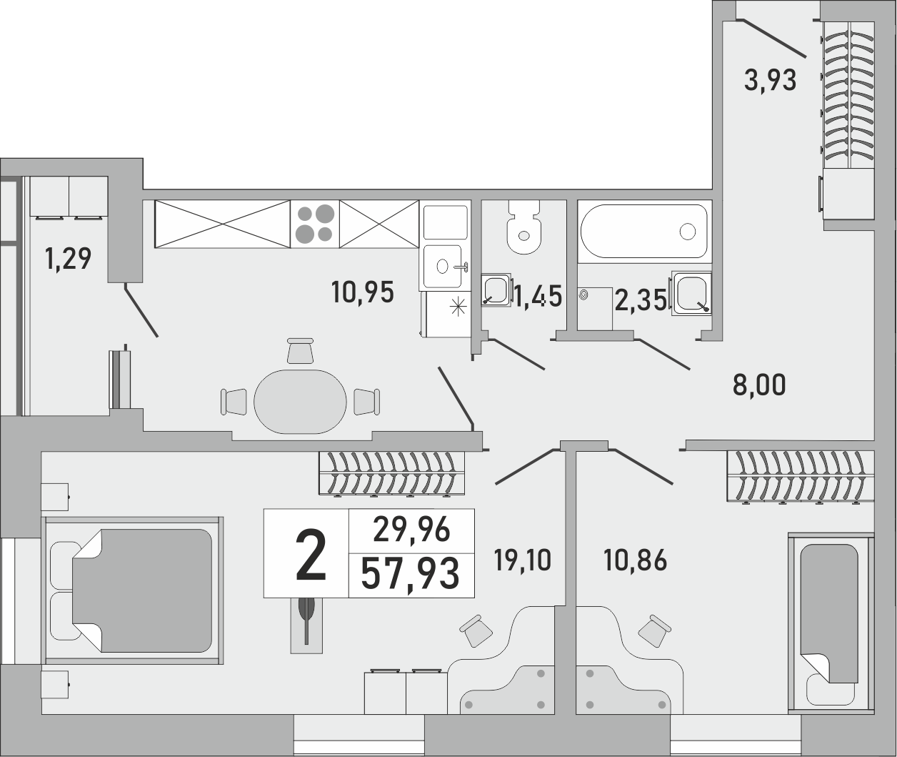 2-комнатная квартира, 57.93 кв.м, ЖК «Платинум»