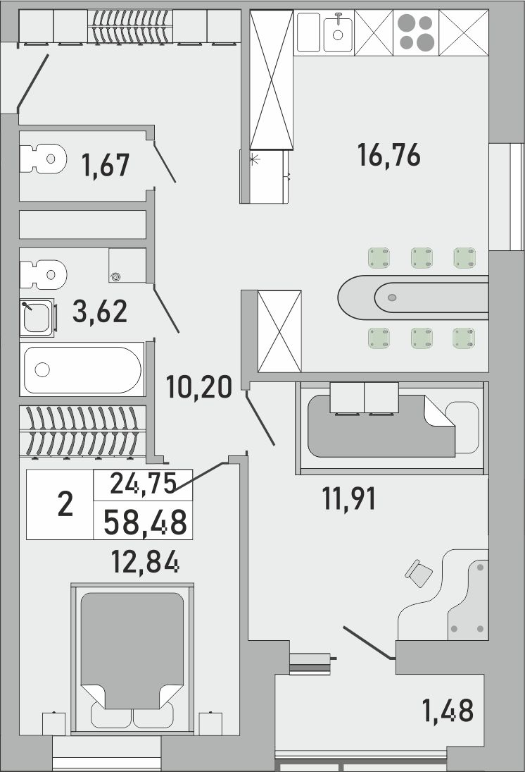 2-комнатная квартира, 58.48 кв.м, ЖК «Платинум»