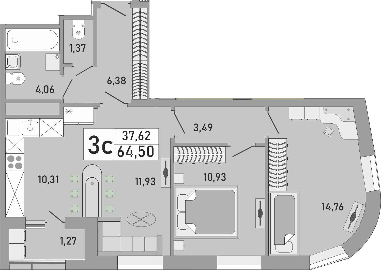 3-комнатная, 64.5 м2, ЖК «Платинум»