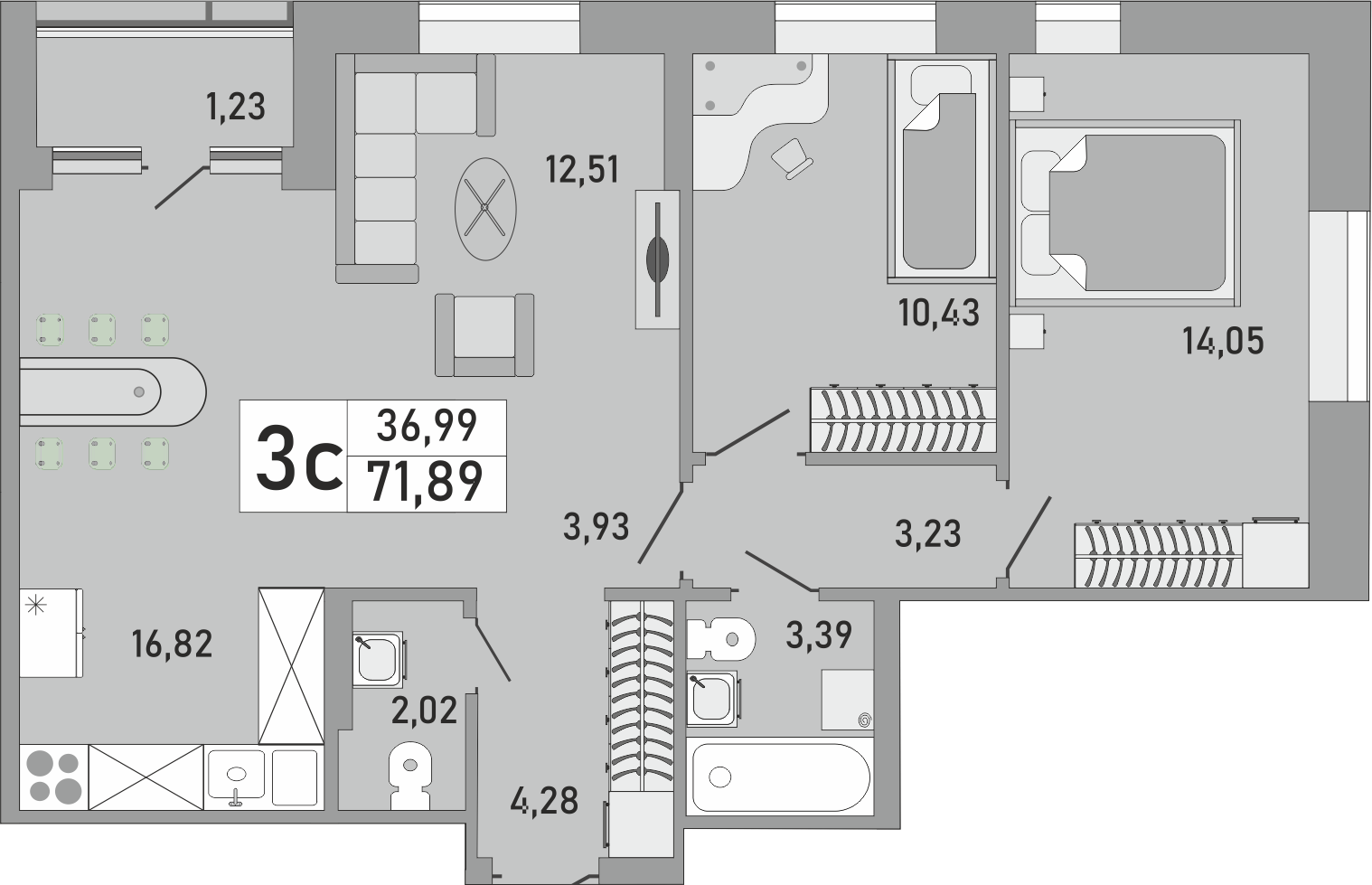 3-комнатная, 71.89 м2, ЖК «Платинум»