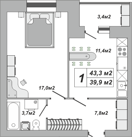 1-комнатная, 43.3 м2, ЖК «Империал» 1-комнатная, 43.3 м2, ЖК «Империал»