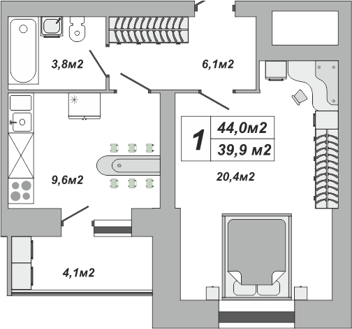 1-комнатная, 44 м2, ЖК «Империал» 1-комнатная, 44 м2, ЖК «Империал»