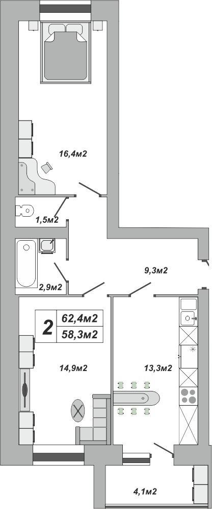 2-комнатная, 62.4 м2, ЖК «Империал» 2-комнатная, 62.4 м2, ЖК «Империал»