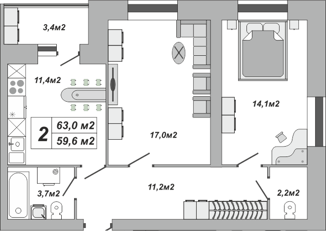 2-комнатная, 63 м2, ЖК «Империал» 2-комнатная, 63 м2, ЖК «Империал»