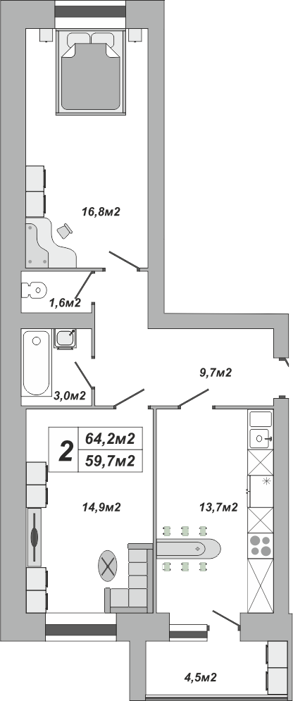 2-комнатная, 64.2 м2, ЖК «Империал» 2-комнатная, 64.2 м2, ЖК «Империал»