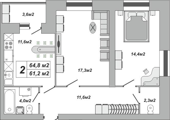 2-комнатная, 64.8 м2, ЖК «Империал» 2-комнатная, 64.8 м2, ЖК «Империал»
