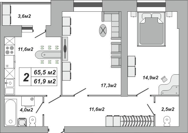 2-комнатная, 65.5 м2, ЖК «Империал» 2-комнатная, 65.5 м2, ЖК «Империал»