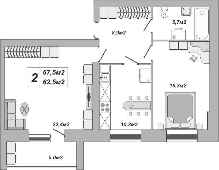 2-комнатная, 67.5 м2, ЖК «Империал» 2-комнатная, 67.5 м2, ЖК «Империал»