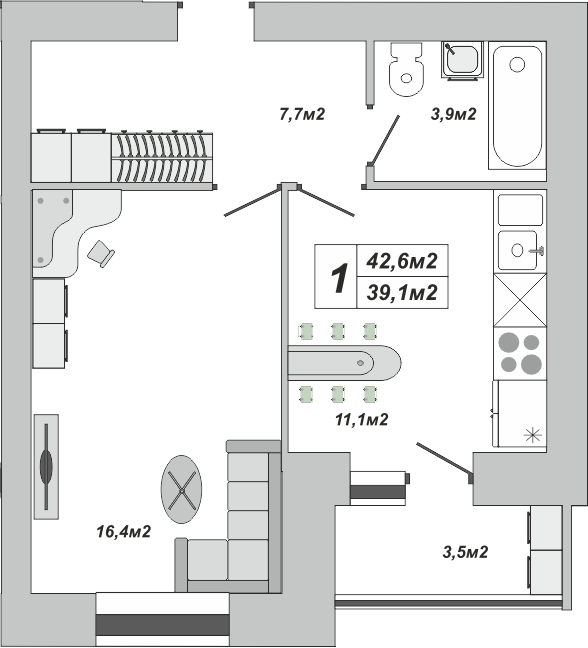 1-комнатная, 42.6 м2, ЖК «Империал» 1-комнатная, 42.6 м2, ЖК «Империал»