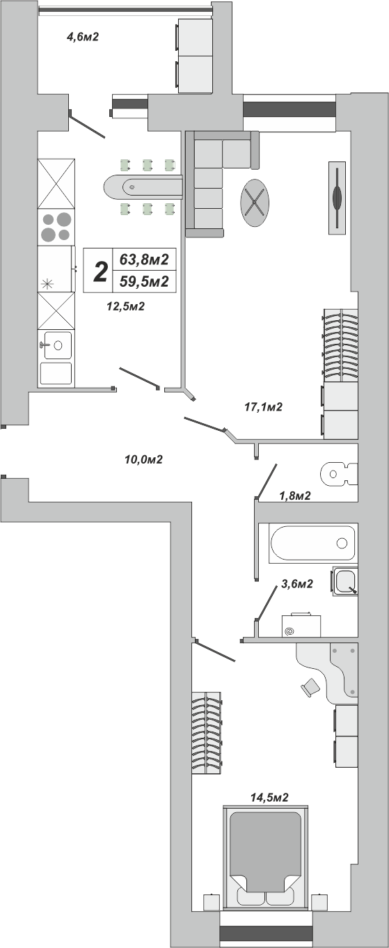2-комнатная, 63.8 м2, ЖК «Империал» 2-комнатная, 63.8 м2, ЖК «Империал»