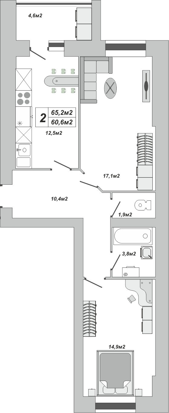 2-комнатная, 65.2 м2, ЖК «Империал» 2-комнатная, 65.2 м2, ЖК «Империал»